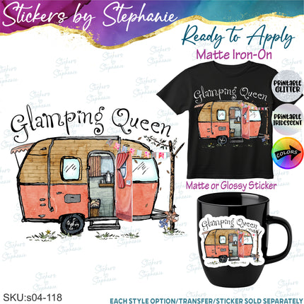 (s04-118) Glamping Queen Camper Iron-On Transfer or Sticker