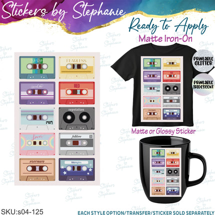 (s04-125) Music Albums Cassette Tapes Iron-On Transfer or Sticker