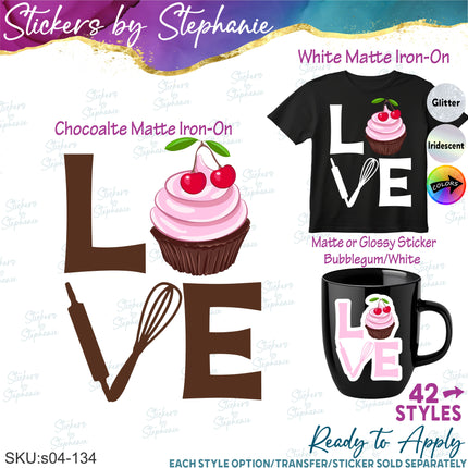 (s04-134) Stacked Love Cupcake Baking Iron-On Transfer or Sticker