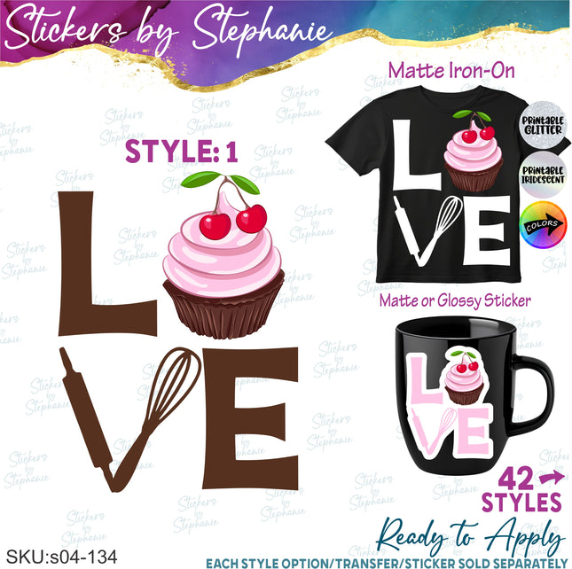 (s04-134) Stacked Love Cupcake Baking Iron-On Transfer or Sticker