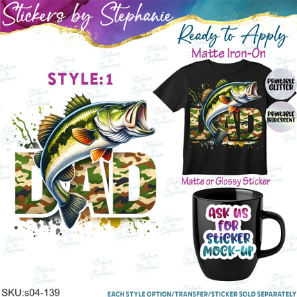 (s04-139) Dad Fish Fishing Camouflage Iron-On Transfer or Sticker
