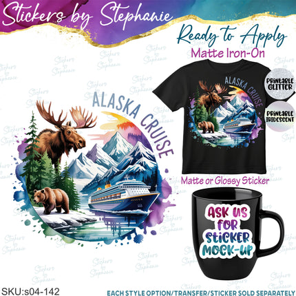 (s04-142) Alaksa Cruise Moose Bear Ship Watercolor Iron-On Transfer or Sticker