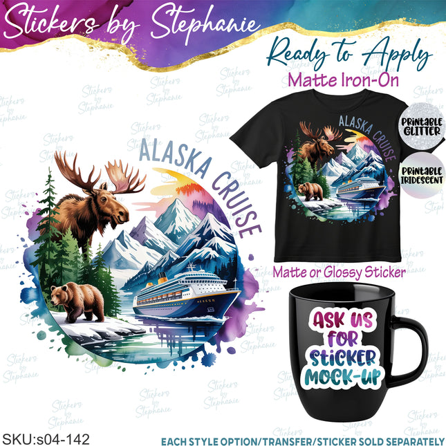 (s04-142) Alaksa Cruise Moose Bear Ship Watercolor Iron-On Transfer or Sticker