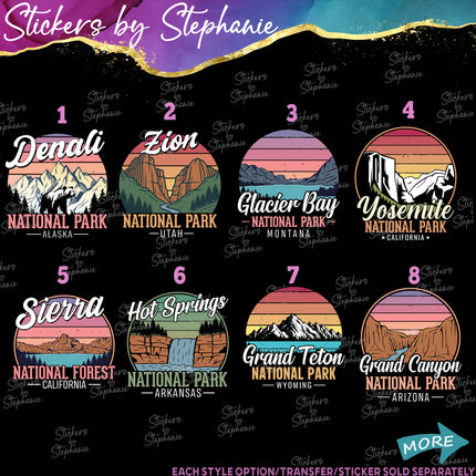 (s04-144) Retro Sunset State National Parks Iron-On Transfer or Sticker