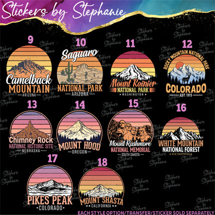 (s04-144) Retro Sunset State National Parks Iron-On Transfer or Sticker