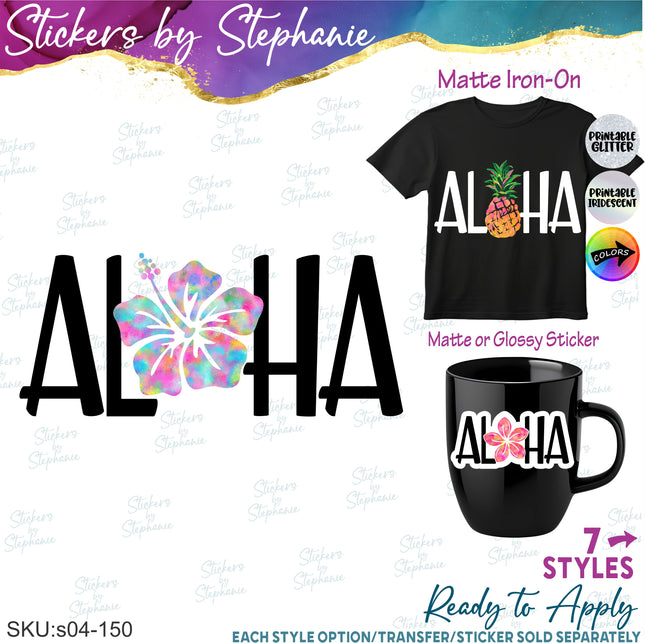 (s04-150) Aloha Pineapple, Hibiscus, Palm Tree Iron-On Transfer