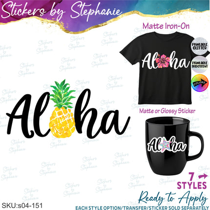 (s04-151) Aloha Pineapple, Hibiscus, Palm Tree Iron-On Transfer
