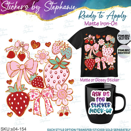 (s04-154) Strawberry Coquette Illustrated Graphic Iron-On Transfer or Sticker