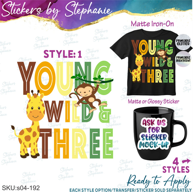 (s04-192) Young Wild Three Giraffe Monkey Iron-On Transfer