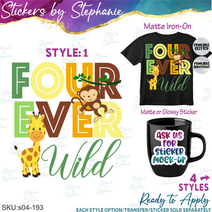 (s04-193) Four Ever Wild Giraffe Monkey Iron-On Transfer