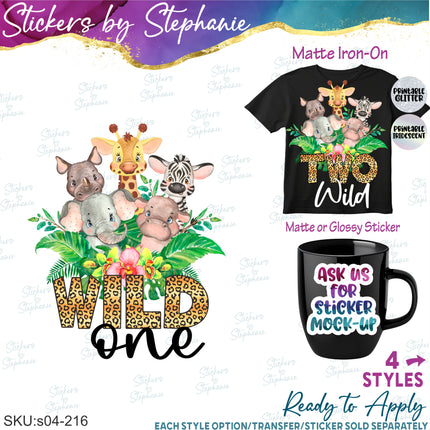 (s04-216) Wild One, Two, Three, Four Safari Animals Iron-On Transfer