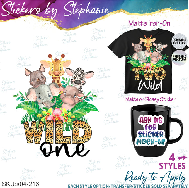 (s04-216) Wild One, Two, Three, Four Safari Animals Iron-On Transfer