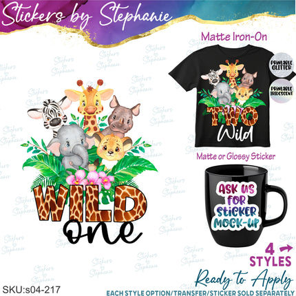 (s04-217) Wild One, Two, Three, Four Safari Animals Iron-On Transfer