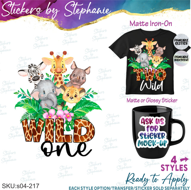 (s04-217) Wild One, Two, Three, Four Safari Animals Iron-On Transfer