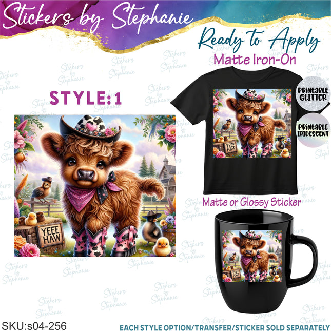 (s04-256) Highland Cow Western Iron-On Transfer