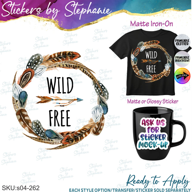 (s04-262) Wild Free Feather Wreath Iron-On Transfer or Sticker