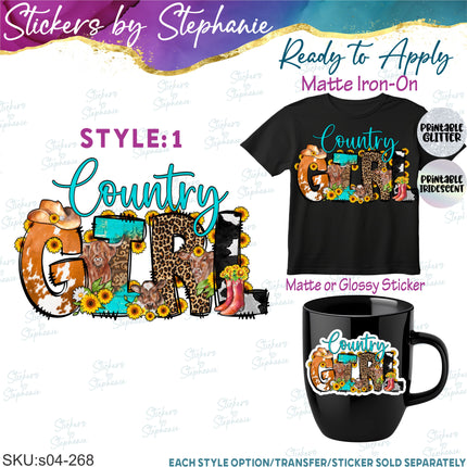 (s04-268) Country Girl, Western Cow Iron-On Transfer