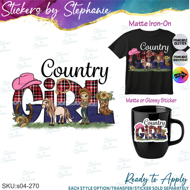 (s04-270) Country Girl Horse Iron-On Transfer or Sticker