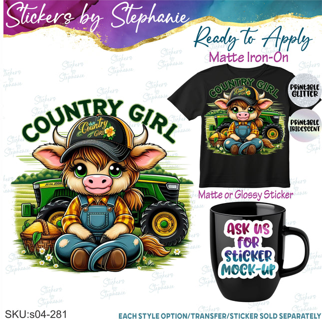 (s04-281) Country Girl Cow Iron-On Transfer or Sticker