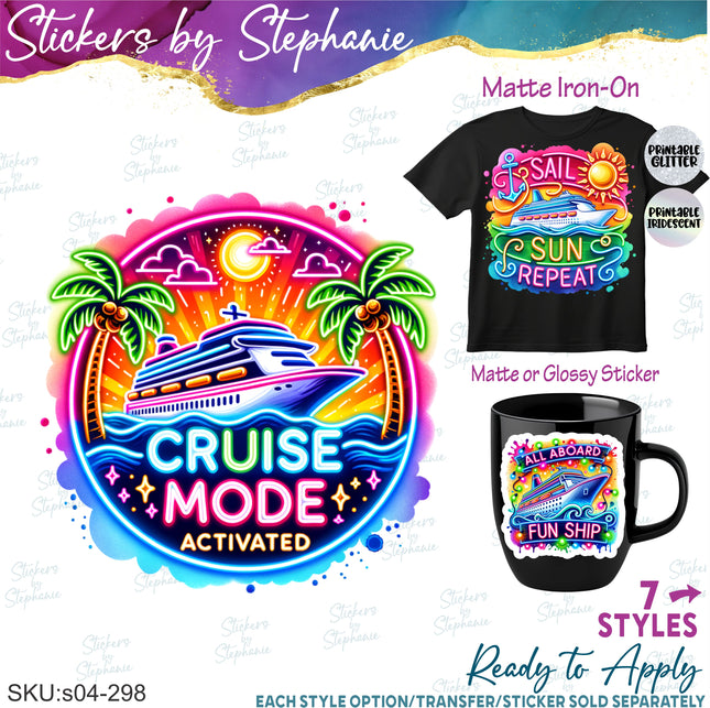 (s04-298) Neon Cruise Mode Family Vacation Iron-On Transfer