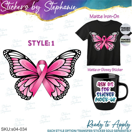 (s04-034) Butterfly in October We Wear Pink Cancer Iron-On Transfer or Sticker