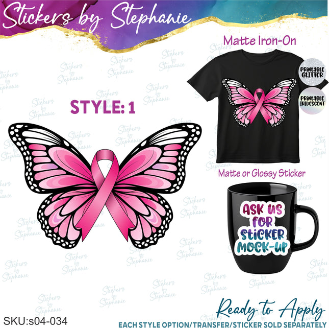 (s04-034) Butterfly in October We Wear Pink Cancer Iron-On Transfer or Sticker
