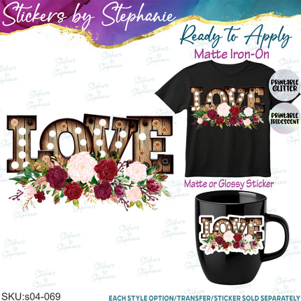 (s04-069) Love Roses Flowers Iron-On Transfer or Sticker