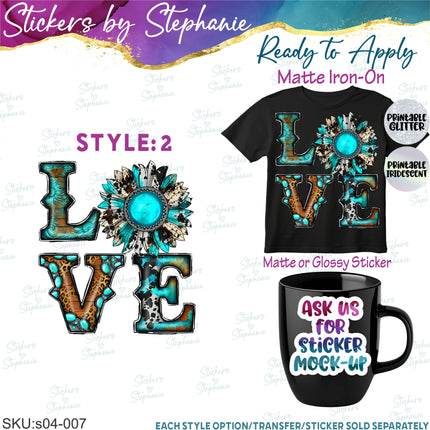 (s04-007) Love, Turquoise, Sunflower Western Boho Iron-On Transfer or Sticker