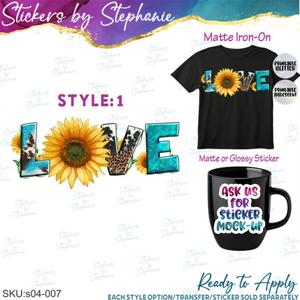 (s04-007) Love, Turquoise, Sunflower Western Boho Iron-On Transfer or Sticker