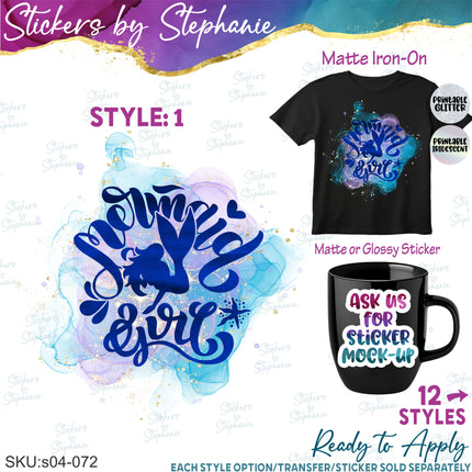 (s04-072) Mermaid Squad, Girl, Vibes Watercolor Iron-On Transfer or Sticker