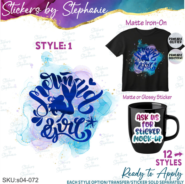(s04-072) Mermaid Squad, Girl, Vibes Watercolor Iron-On Transfer or Sticker