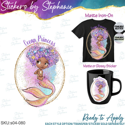 (s04-080) Ocean Princess African American Mermaid Iron-On Transfer or Sticker