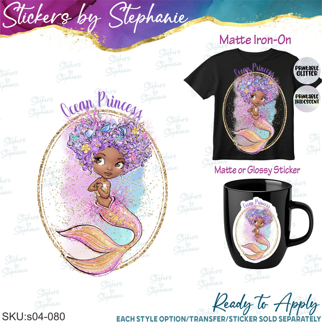 (s04-080) Ocean Princess African American Mermaid Iron-On Transfer or Sticker