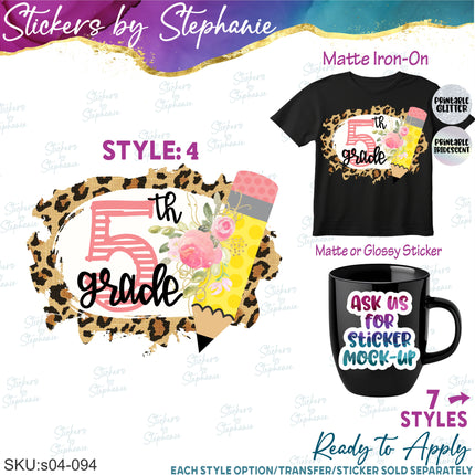 (s04-094) 5th Fifth Grade First Day, Back to School Iron-On Transfer or Sticker