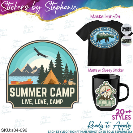 (s04-096) Camping, Summer Camp Adventure Badges Iron-On Transfer or Sticker