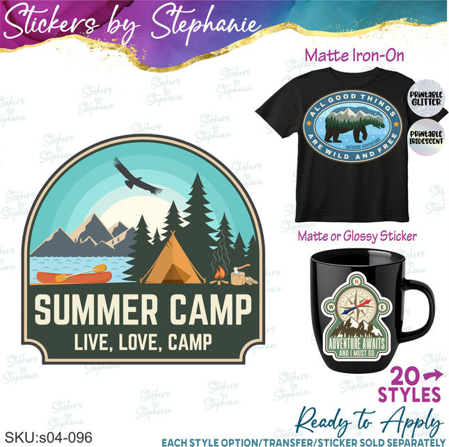 (s04-096) Camping, Summer Camp Adventure Badges Iron-On Transfer or Sticker