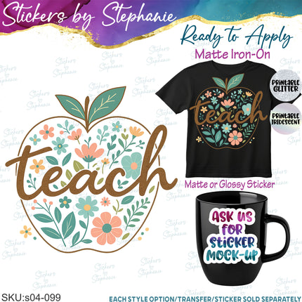 (s04-099) Teach Retro Floral Apple Iron-On Transfer or Sticker
