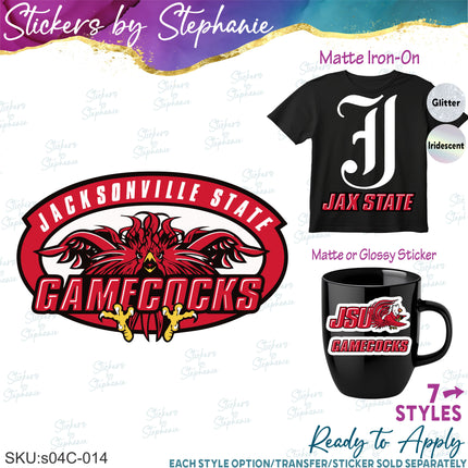 (s04C-014) Jacksonville State Gamecocks Iron-On Transfer or Sticker