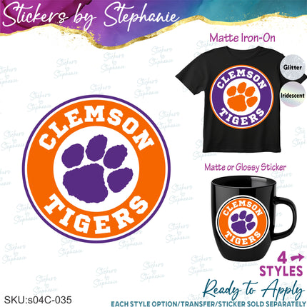 (s04C-035) Clemson Tigers Iron-On Transfer or Sticker