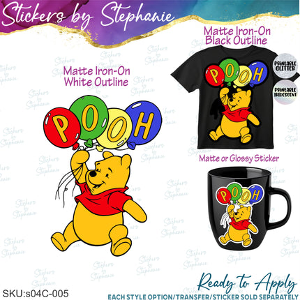 (s04C-005) Winnie the Pooh Balloons Iron-On Transfer or Sticker