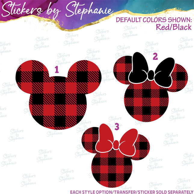 (s01C-009) Buffalo Plaid Mickey Minnie Mouse Head Iron-On Transfer