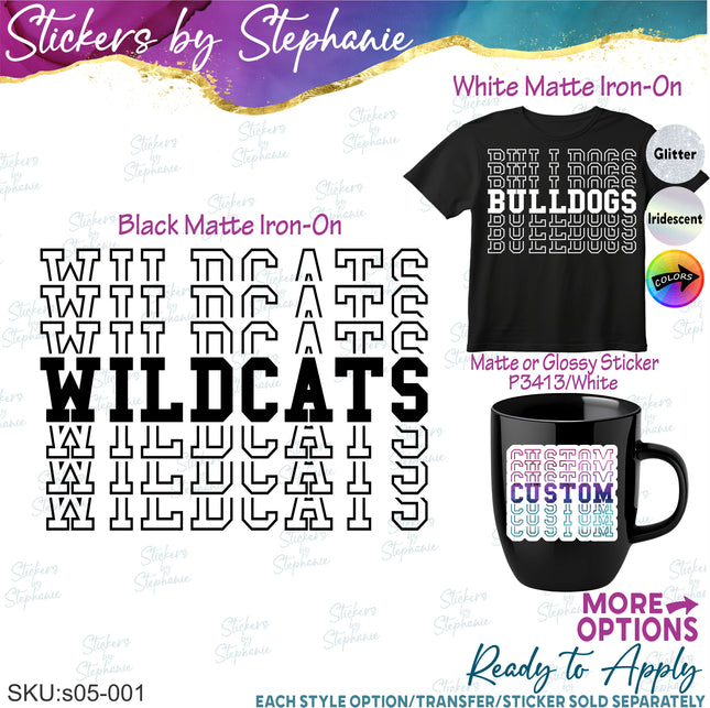 (s05-001) Stacked Team Name Custom Text Iron-On Transfer or Sticker