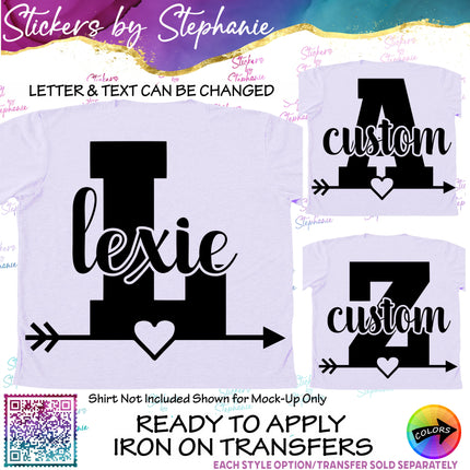 (s05-134) Heart Arrow Monogram Letter Name Text Custom Iron-On Transfer