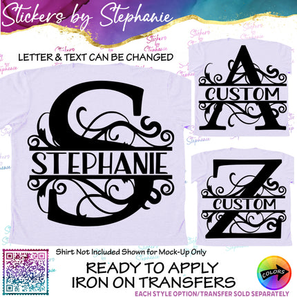 (s05-135) Scroll Split Letter Name Text Custom Iron-On Transfer