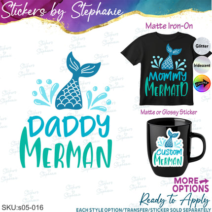 (s05-016) Merman Mermaid Family Mom Sister Custom Iron-On Transfer