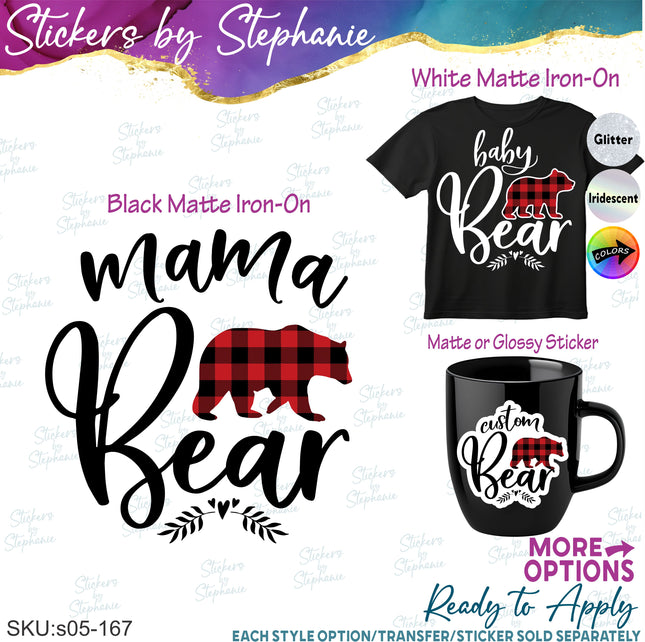 (s05-167) Mama Baby Bear Family Buffalo Plaid Custom Iron-On Transfer or Sticker