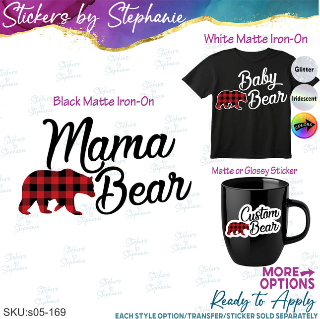 (s05-169) Mama Baby Bear Family Buffalo Plaid Custom Iron-On Transfer or Sticker