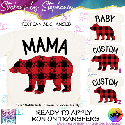 (s05-170) Mama Baby Bear Family Buffalo Plaid Custom Iron-On Transfer