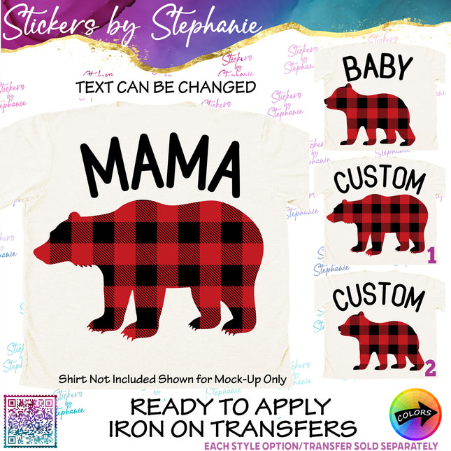(s05-170) Mama Baby Bear Family Buffalo Plaid Custom Iron-On Transfer