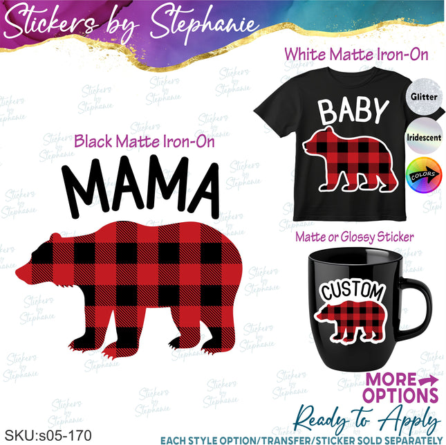 (s05-170) Mama Baby Bear Family Buffalo Plaid Custom Iron-On Transfer or Sticker